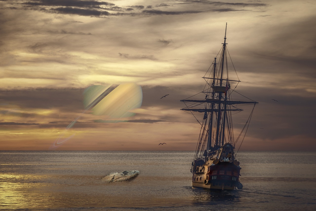 a boat floating on top of a body of water, inspired by Ivan Aivazovsky, shutterstock, romanticism, pirate ship in space, visiting saturn, high quality fantasy stock photo