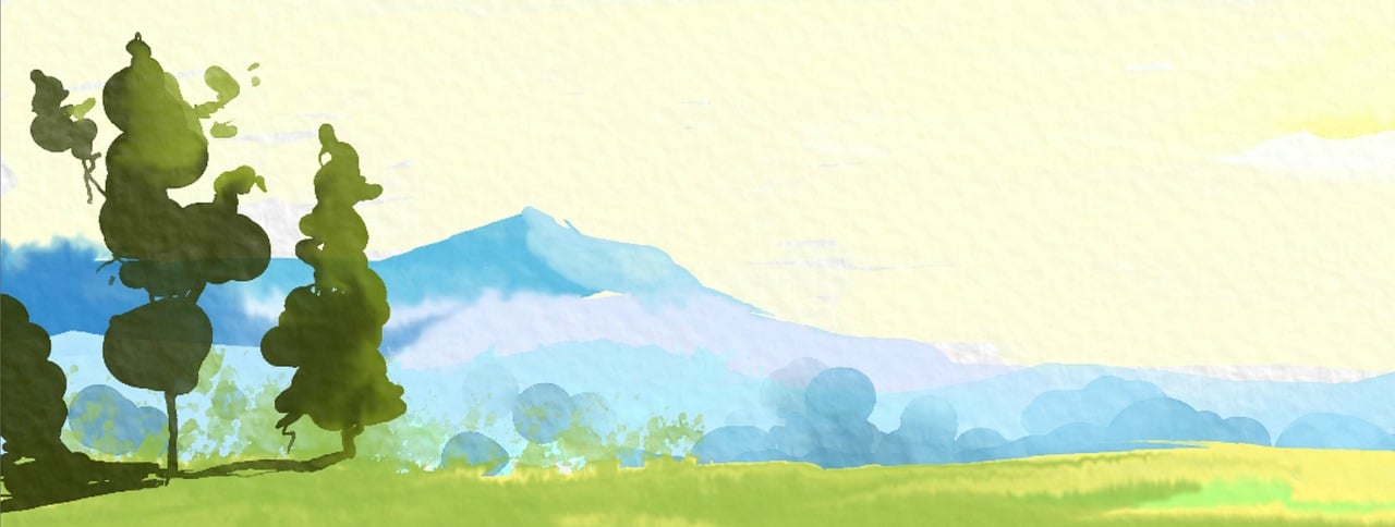 a painting of trees in a field with mountains in the background, a digital painting, inspired by Yokoyama Taikan, color field, けもの, banner, summer morning, [ closeup ]!!