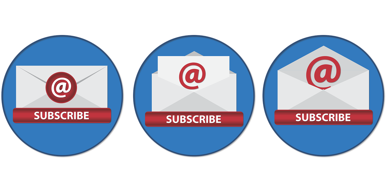 three email envelopes with the words subscribe, subscribe, and subscribe, a digital rendering, by Matt Cavotta, pixabay, private press, on a flat color black background, circular, infographics. logo. blue, sitting on a red button