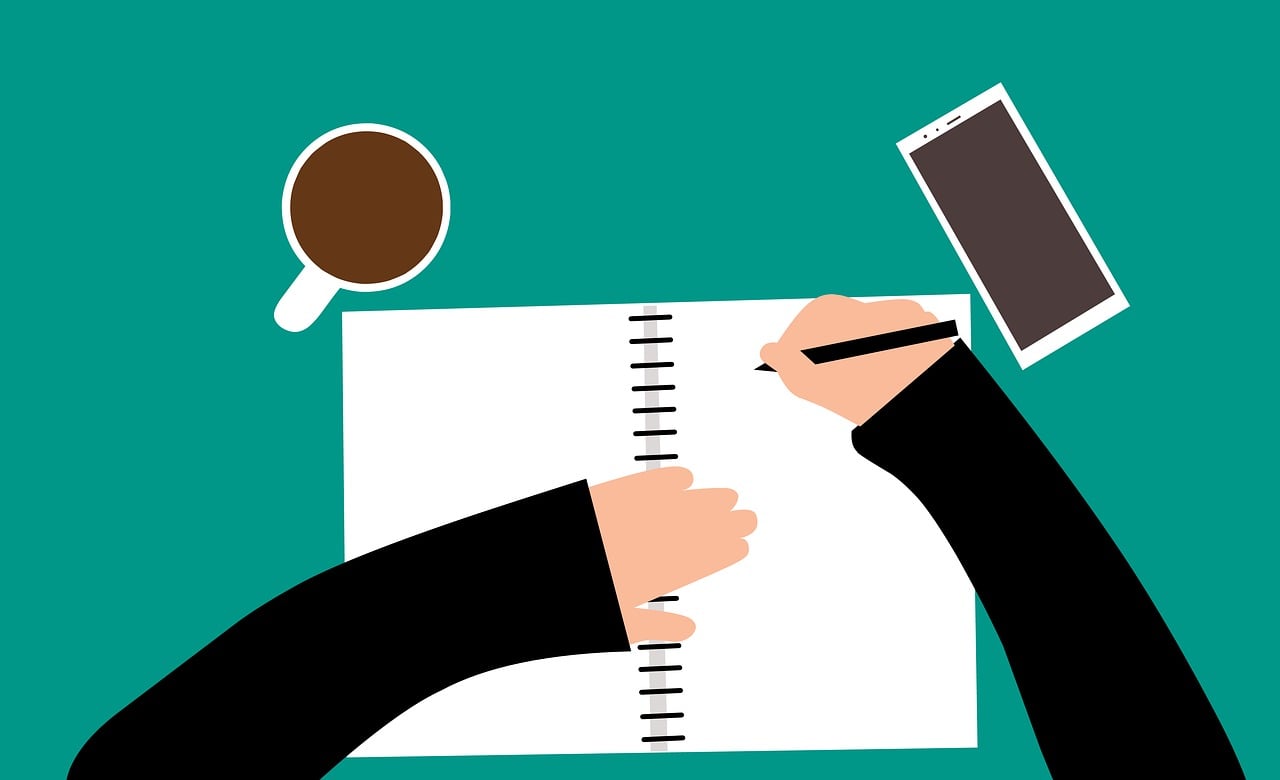 a person writing on a piece of paper next to a cup of coffee, a detailed drawing, trending on pixabay, conceptual art, flat vector art background, teal paper, business, giving an interview