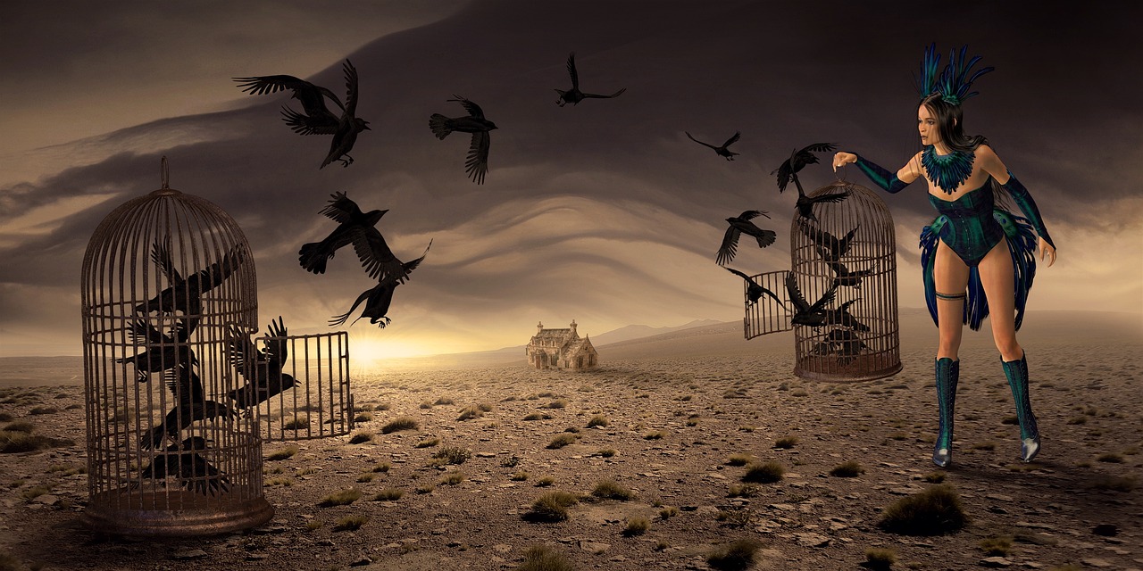 a woman that is standing in front of a bird cage, inspired by Gediminas Pranckevicius, deviantart, surrealism, beautiful iphone wallpaper, wraiths riding in the sky, abandoned in a desert, black crows flying