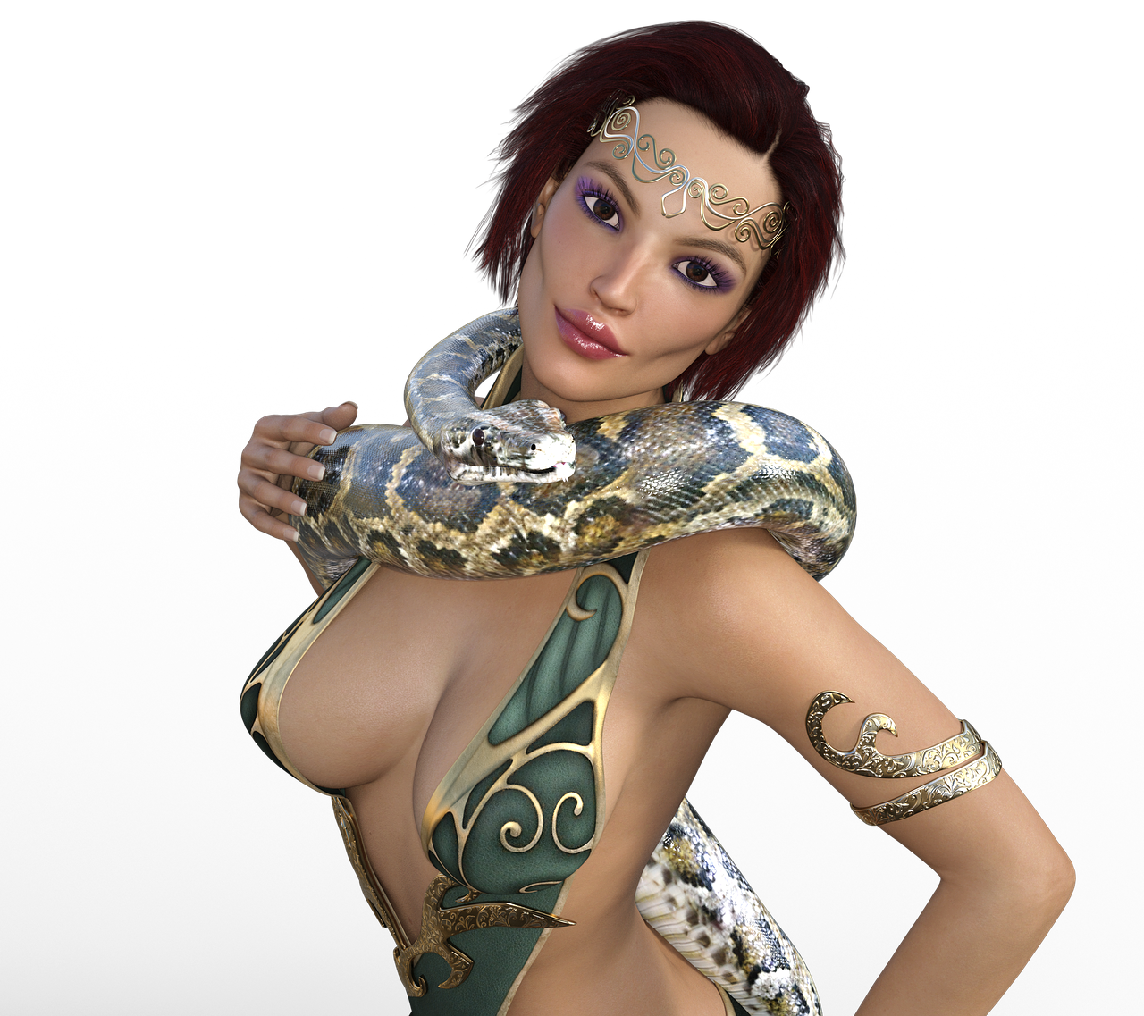 a woman with a snake around her neck, a 3D render, seductive smirk, pierced, godess, snake is surrounding them