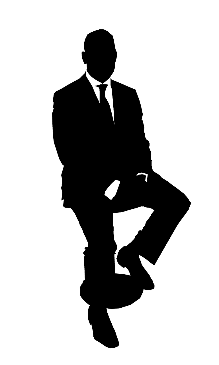 a silhouette of a man in a suit and tie, trending on pixabay, figuration libre, crossed legs, evil standing smiling pose, 155 cm tall, !!full body portrait!!
