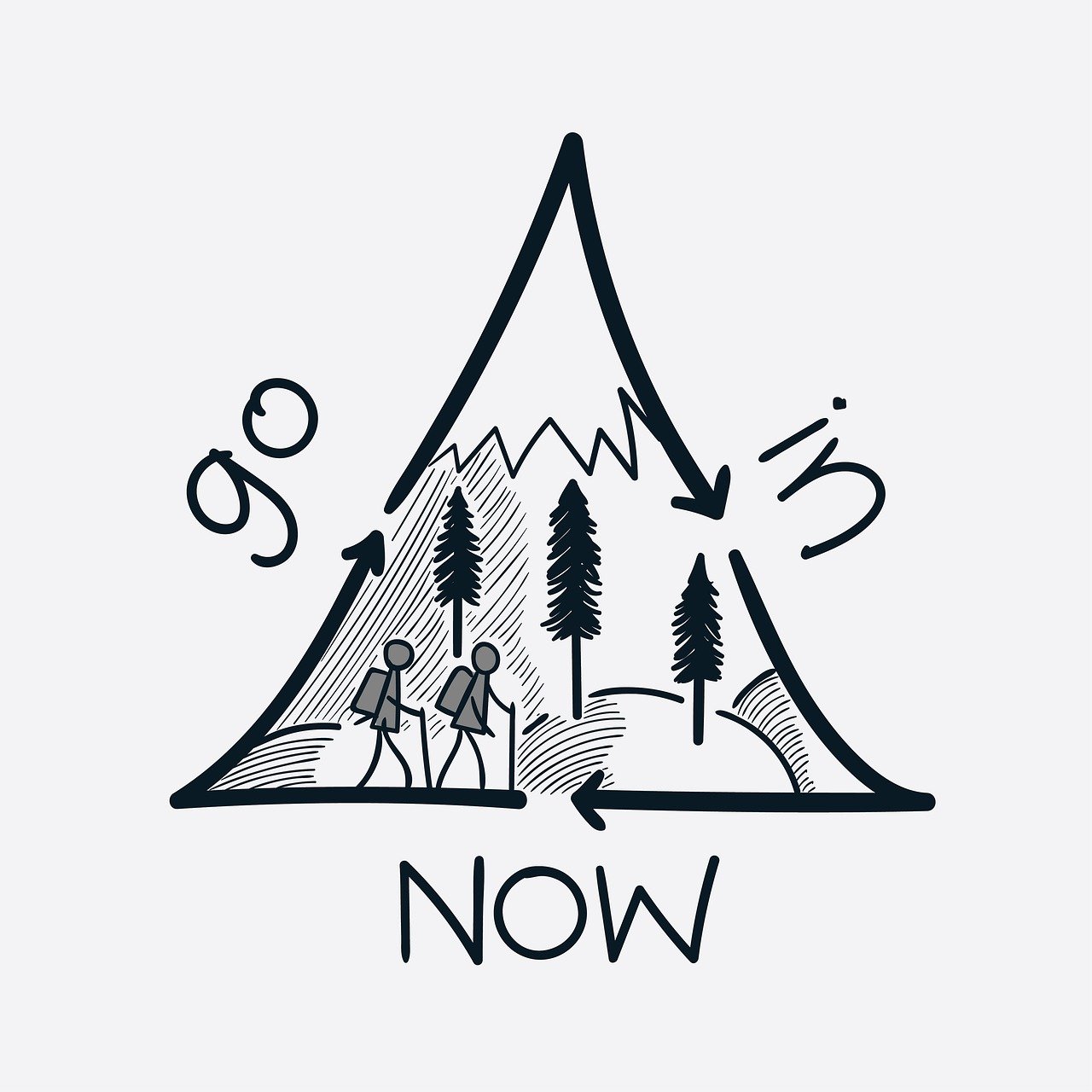 a couple of people standing in front of a mountain, concept art, graffiti, minimalist logo vector art, countdown, now, solo hiking in mountains trees