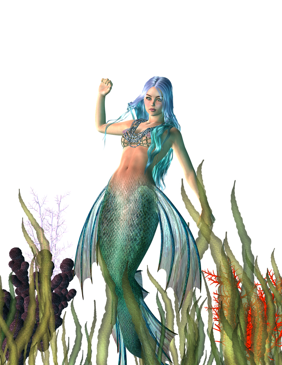 a digital painting of a mermaid with blue hair, a digital rendering, fantasy art, ( ( 3 d render ) ), waving at the camera, with a black background, aquarium life