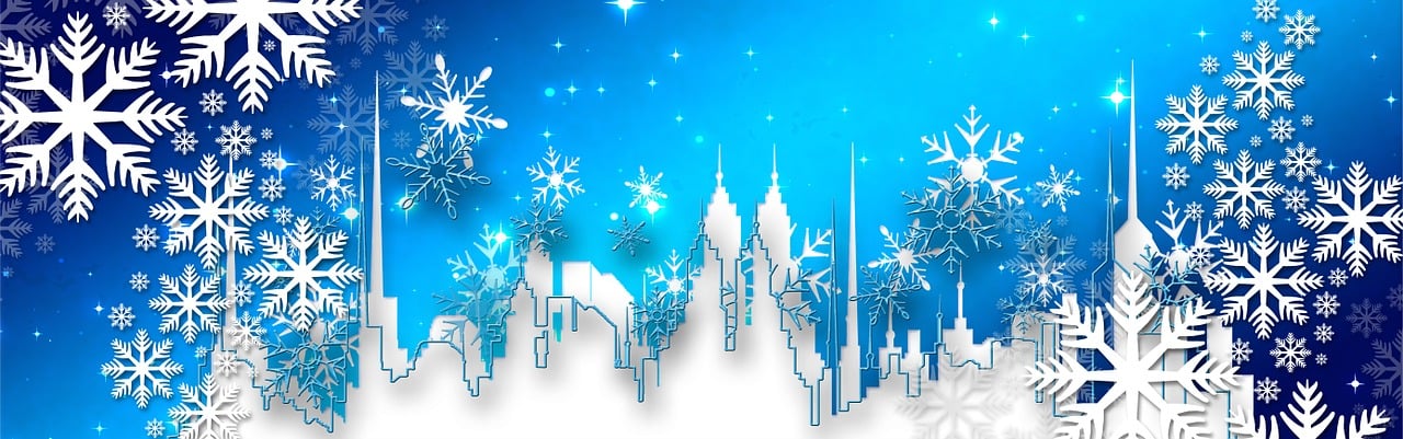 a city is surrounded by snowflakes on a blue background, by David Brewster, pixabay contest winner, digital art, detalized new york background, white bg, website banner, 2 0 1 0 photo
