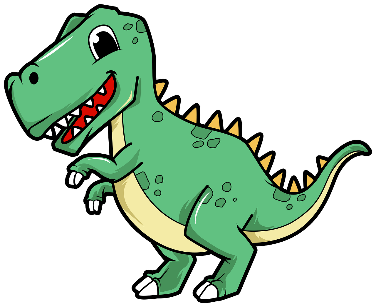 a cartoon dinosaur running with its mouth open, an illustration of, inspired by Abidin Dino, pixabay, with a black background, grinning lasciviously, cute cartoon, creeper