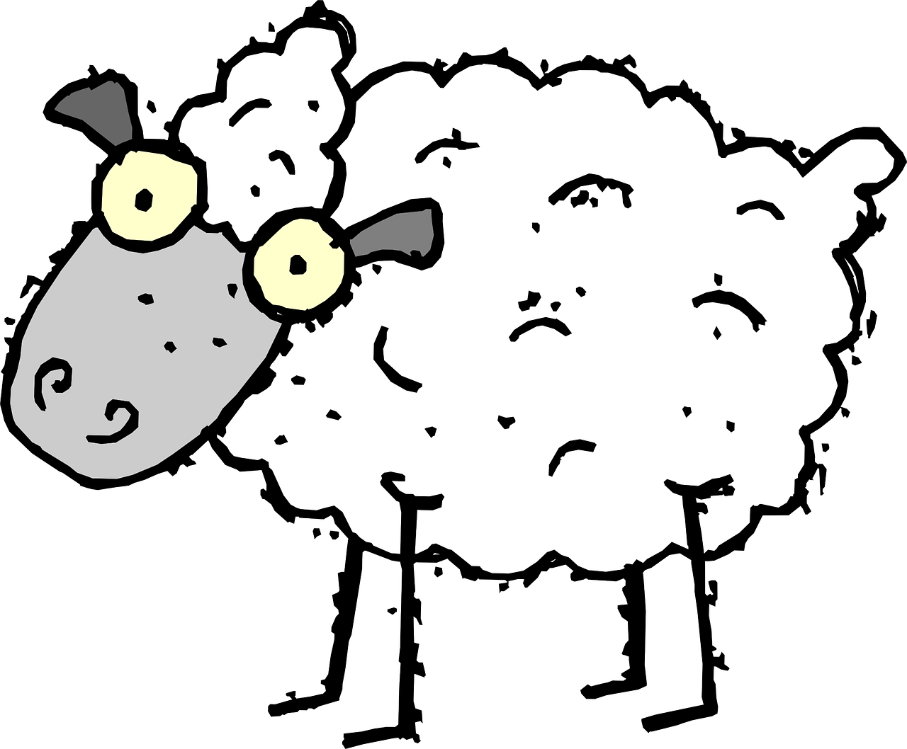 a drawing of a sheep with yellow eyes, a cartoon, inspired by Eppo Doeve, reddit, mingei, ( ( dithered ) ), !!wearing glasses!!, cloudy night, hiding