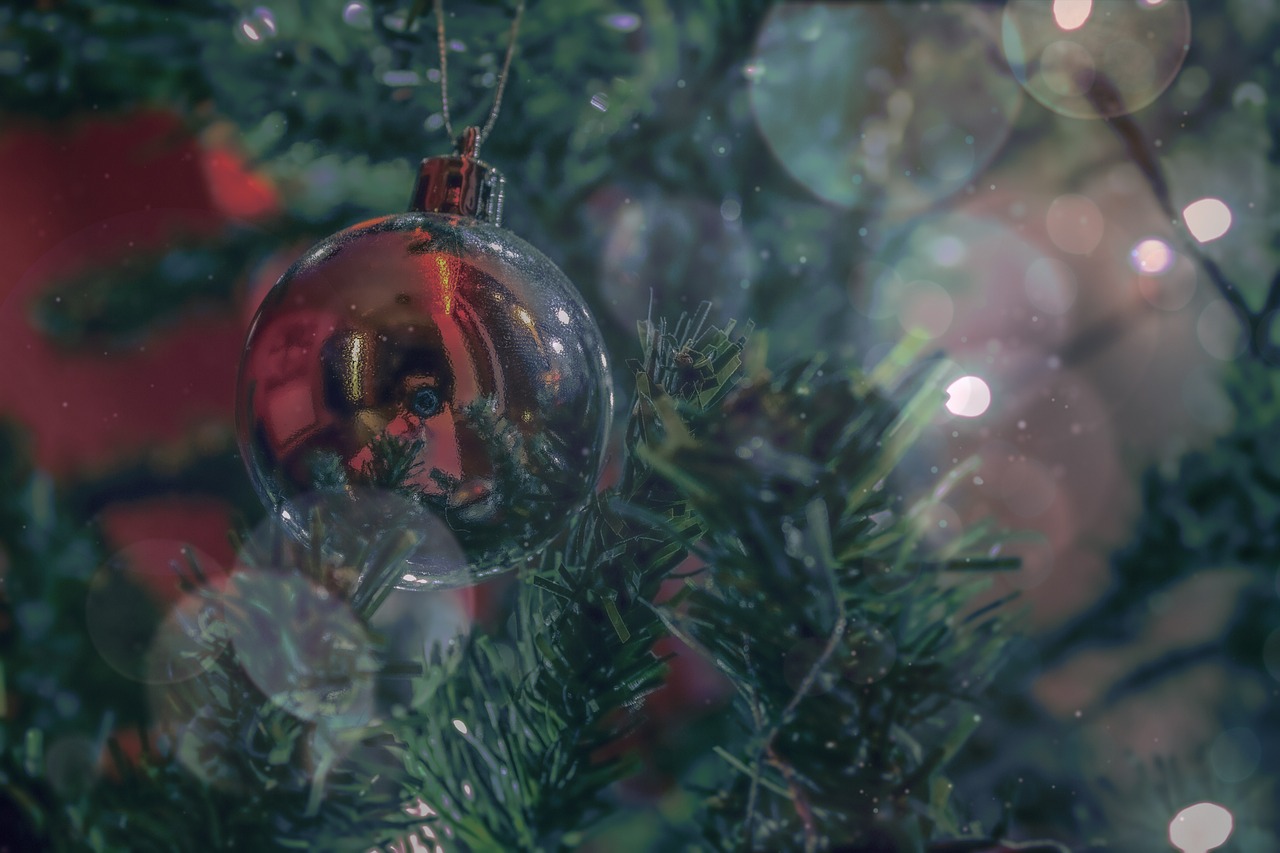 a close up of a christmas ornament on a tree, a picture, inspired by Ernest William Christmas, pexels, realism, nostalgic and melancholic 4 k, background image, redshift houdini, camera glare in oil style