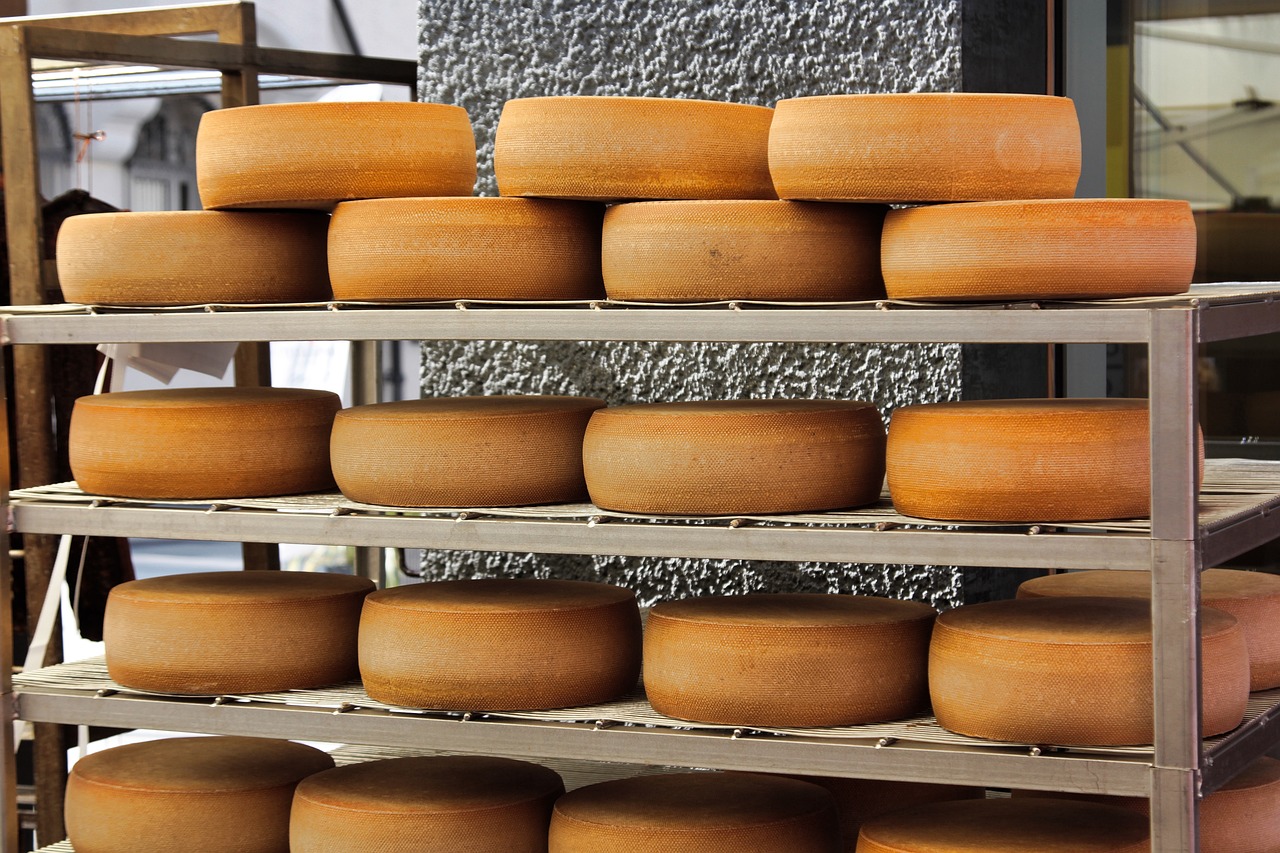 a shelf filled with lots of cheese stacked on top of each other, a picture, figuration libre, made of swiss cheese wheels, in a factory, well contoured smooth fair walls, glaze