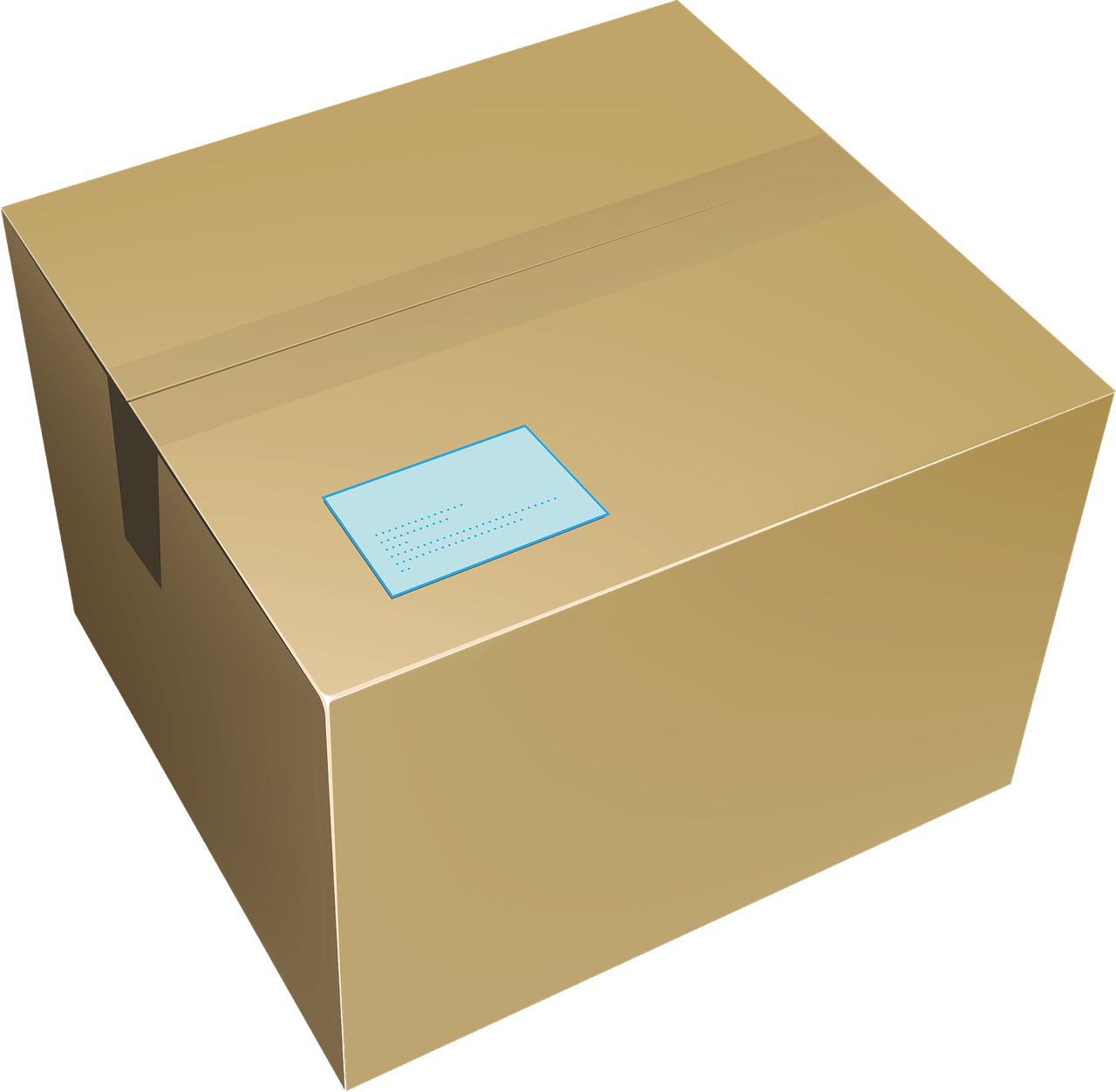 a cardboard box with a blue label on it, a computer rendering, pixabay, computer art, detailed vector, on a black background, delivering mail, tan