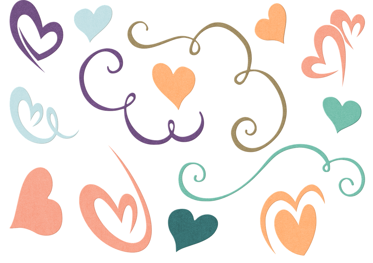 a bunch of different colored hearts on a black background, a pastel, graffiti, art nouveau curves and swirls, photoshop brush, cute!, !! muted colors!!