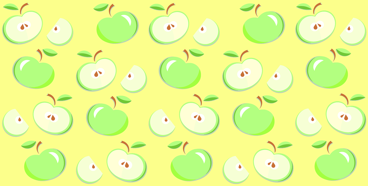 a lot of green apples on a yellow background, an illustration of, cuts, illustration], summer color pattern, shiny!!