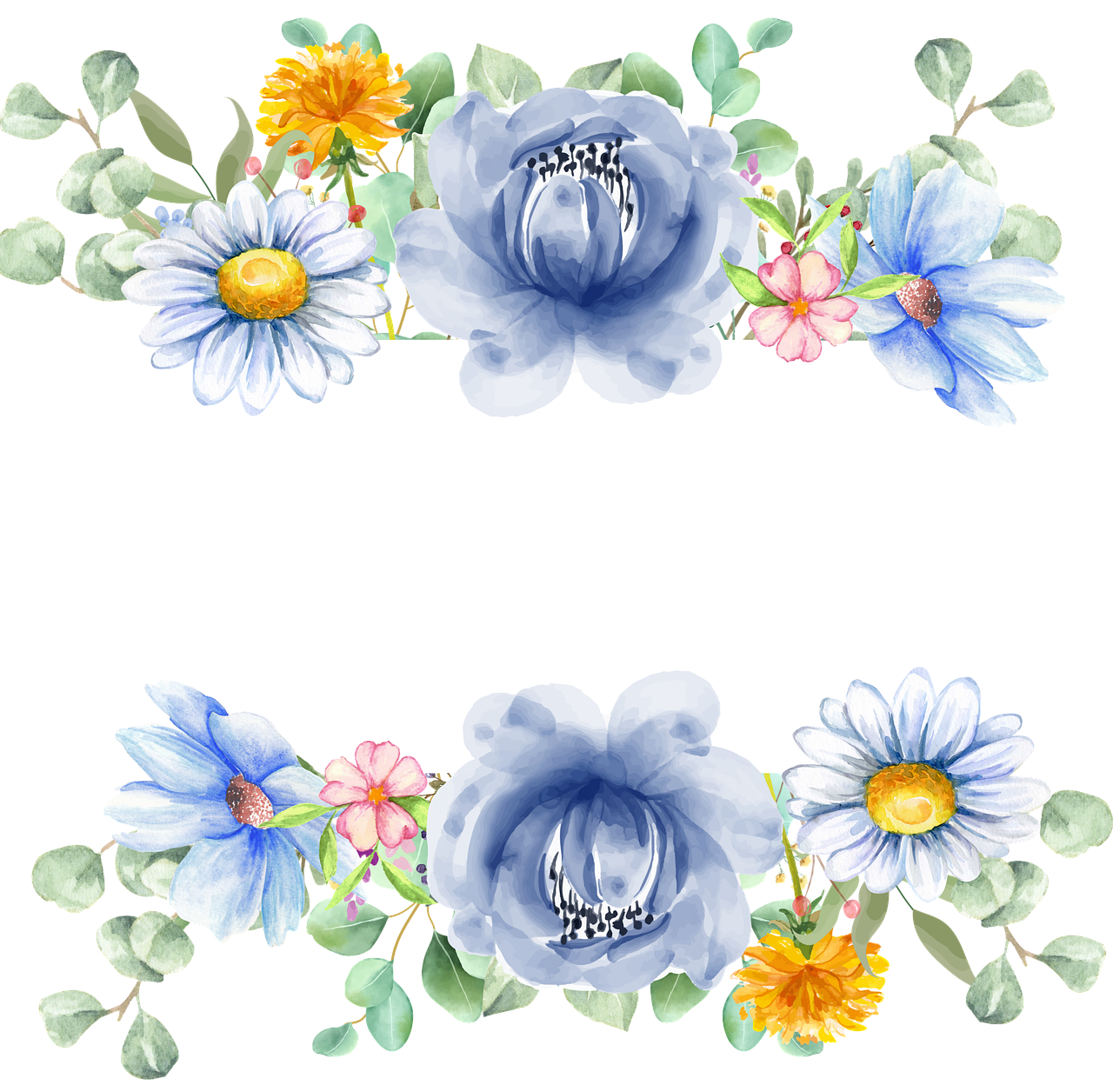 a floral border with blue flowers and green leaves, realism, black background, square, background image, watercolor style