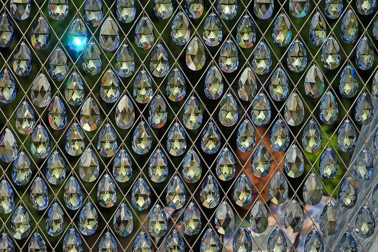 a close up of a person looking through a chain link fence, a mosaic, crystal cubism, jelly - like texture. photograph, swarovski crystals, glass wall, tear drop