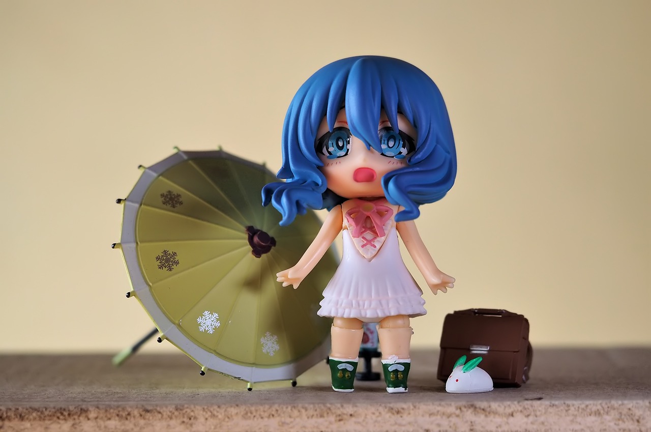 a doll with blue hair stands next to an umbrella, a picture, inspired by Chiho Aoshima, figuration libre, style as nendoroid, vacation photo, an anime portrait of cirno, desperate pose