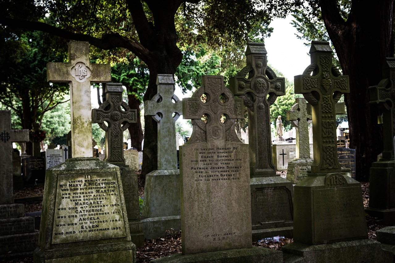 a group of tombstones in a cemetery with trees in the background, by Eamon Everall, celtic knots, london, inside the sepulchre, taken with a leica camera