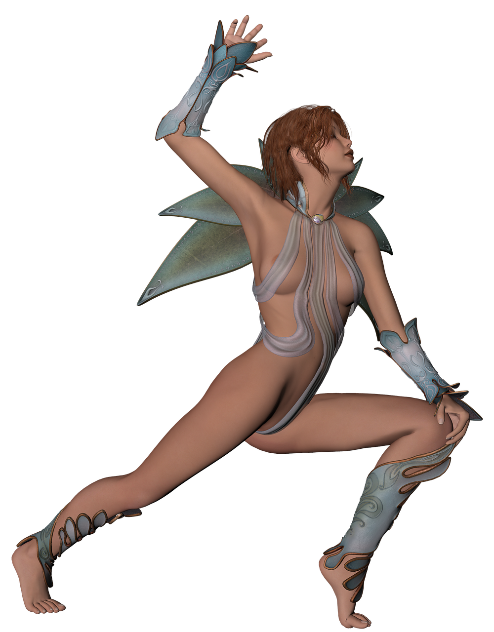 a close up of a person in a body suit, a raytraced image, fantasy art, brunette fairy woman stretching, modeled in poser, various posed, final fantasy 1 2 style