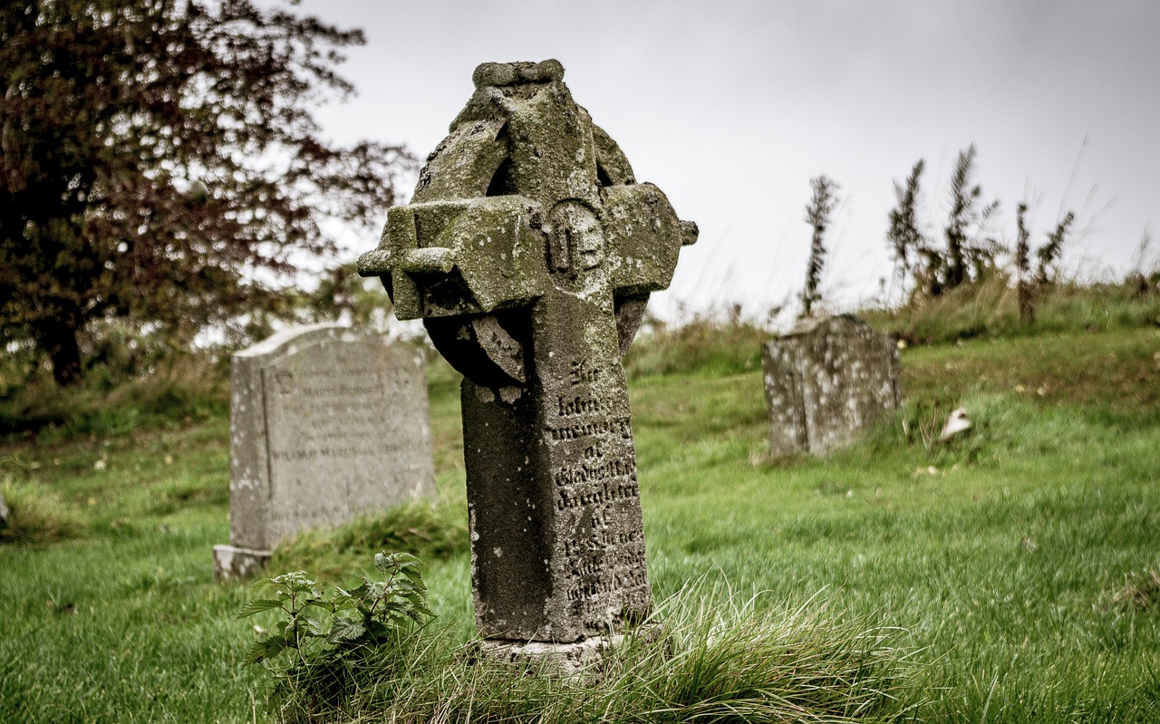 a stone cross sitting on top of a lush green field, a portrait, by Robert Brackman, flickr, ancient irish, side view intricate details, macabre w- 768, shepherd's crook