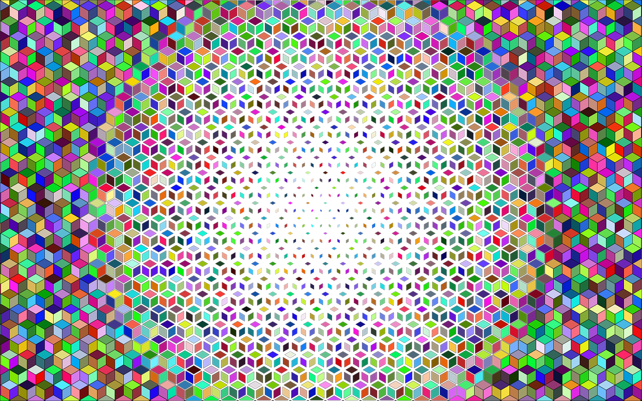 a multicolored mosaic pattern on a black background, pixel art, inspired by Victor Vasarely, flickr, generative art, flower of life, infinite fractal tesseract, symmetry!! solid cube of light, in a shapes background