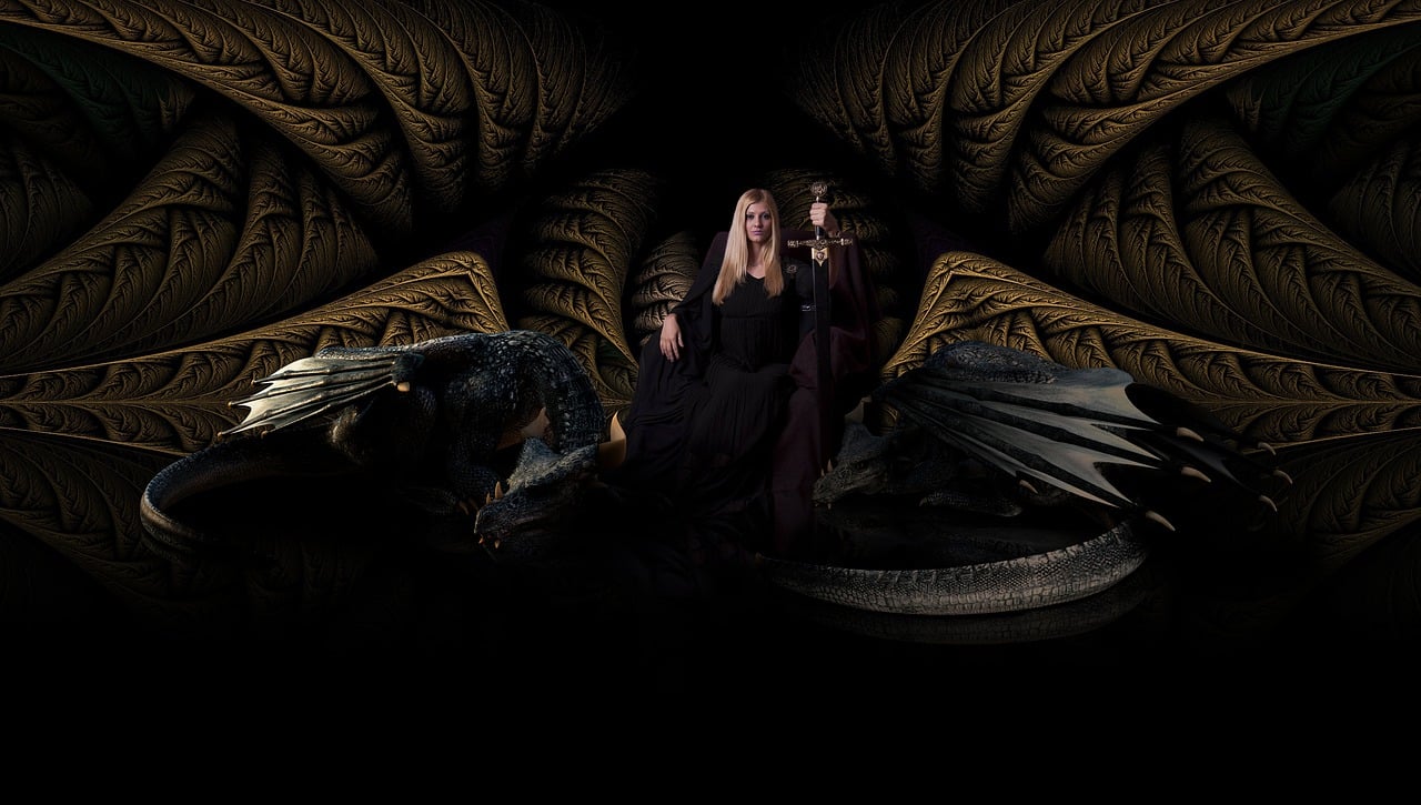 a couple of women standing next to a dragon, a portrait, by Jeanna bauck, pixabay contest winner, sitting on obsidian throne, shot in the photo studio, golden snakes, composite
