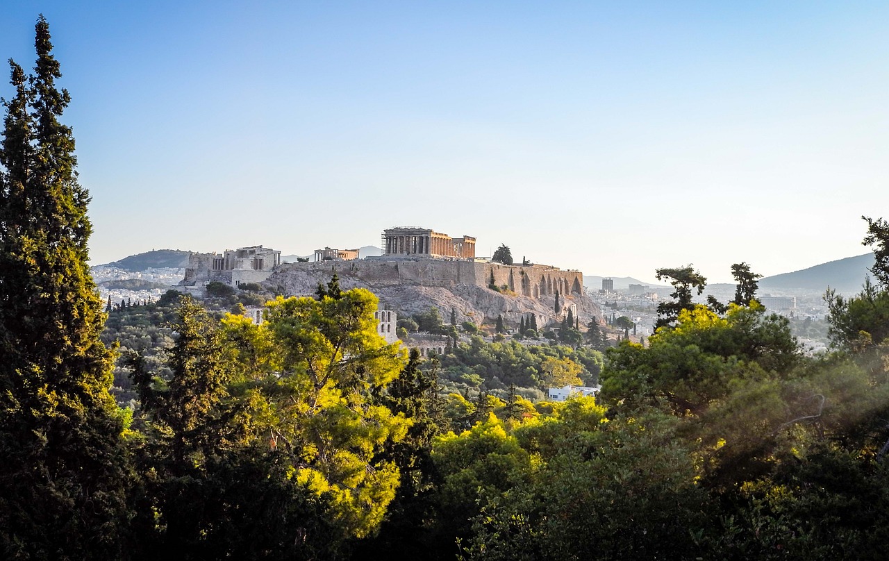 a view of the acropoliste of the part of the acropoliste of the part of the acropoliste of the part of the, a picture, by Alexis Grimou, pexels contest winner, neoclassicism, hill with trees, summer morning, gandalf attacks ancient athens, сastle on the rock