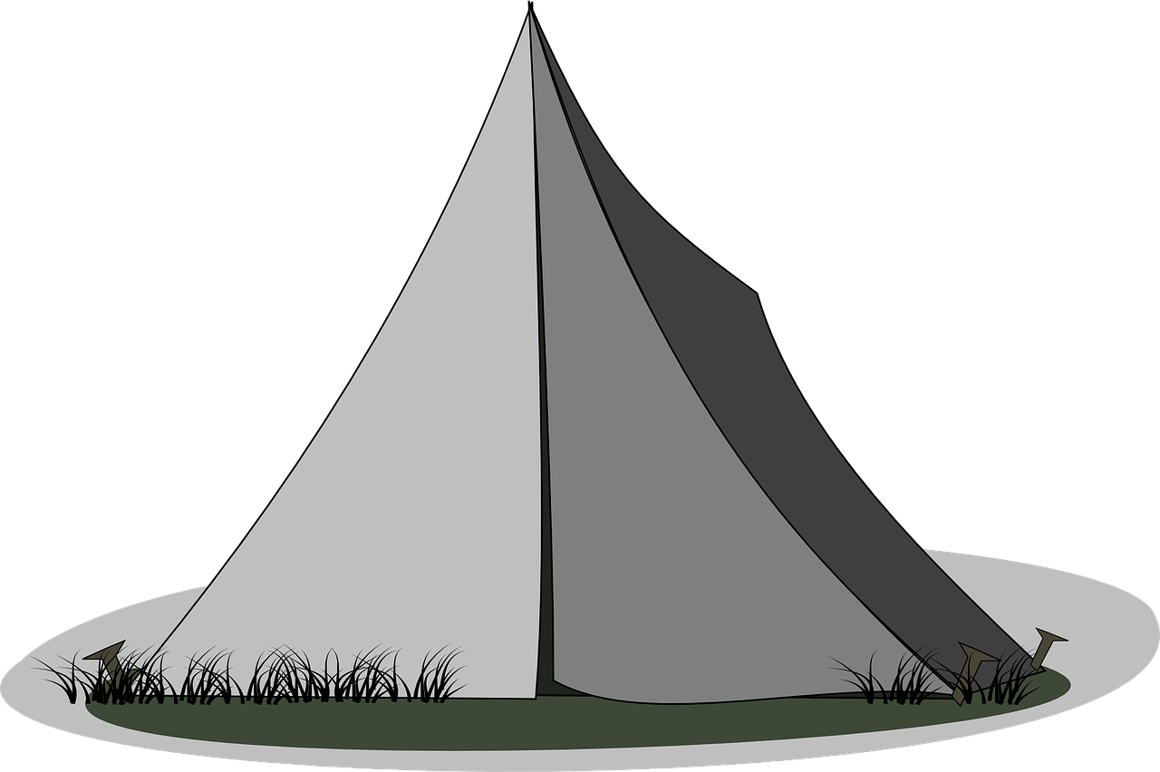 a white tent sitting on top of a lush green field, an illustration of, pixabay, with a black background, cone shaped, gray, interior of a tent