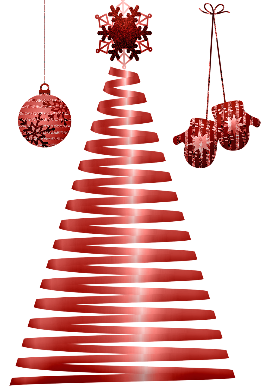 a red christmas tree with ornaments hanging from it, a digital rendering, the background is black, cyber copper spiral decorations, clipart, cone