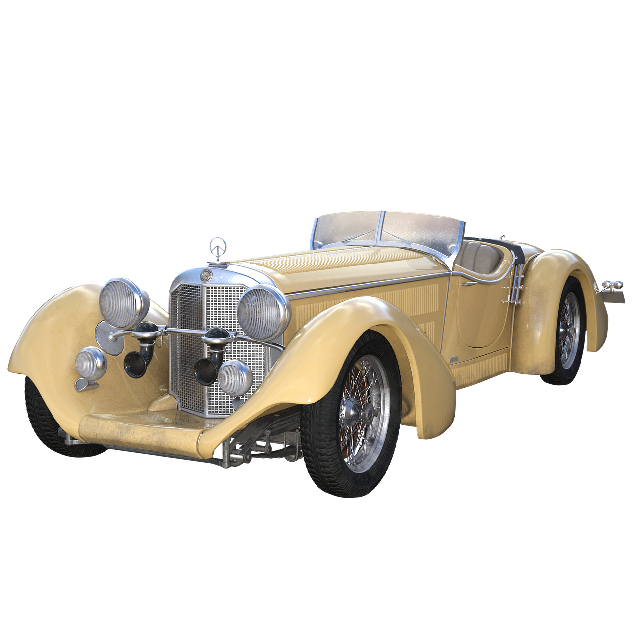a yellow antique car on a black background, a 3D render, mercedes, rendered in houdini, speedster, album