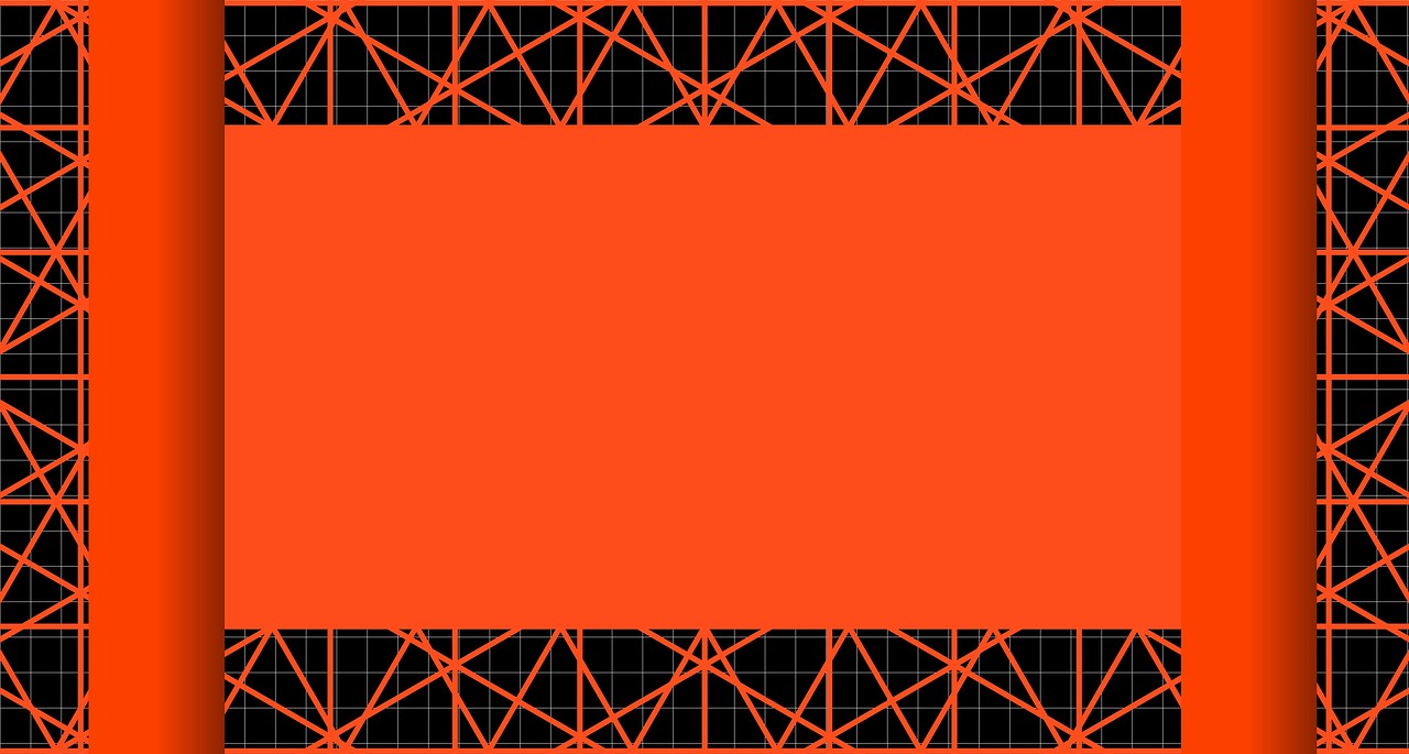 a picture of an orange frame on a black background, a computer rendering, inspired by Christo, computer art, red trusses, detailed grid as background, with ornamental edges, on clear background