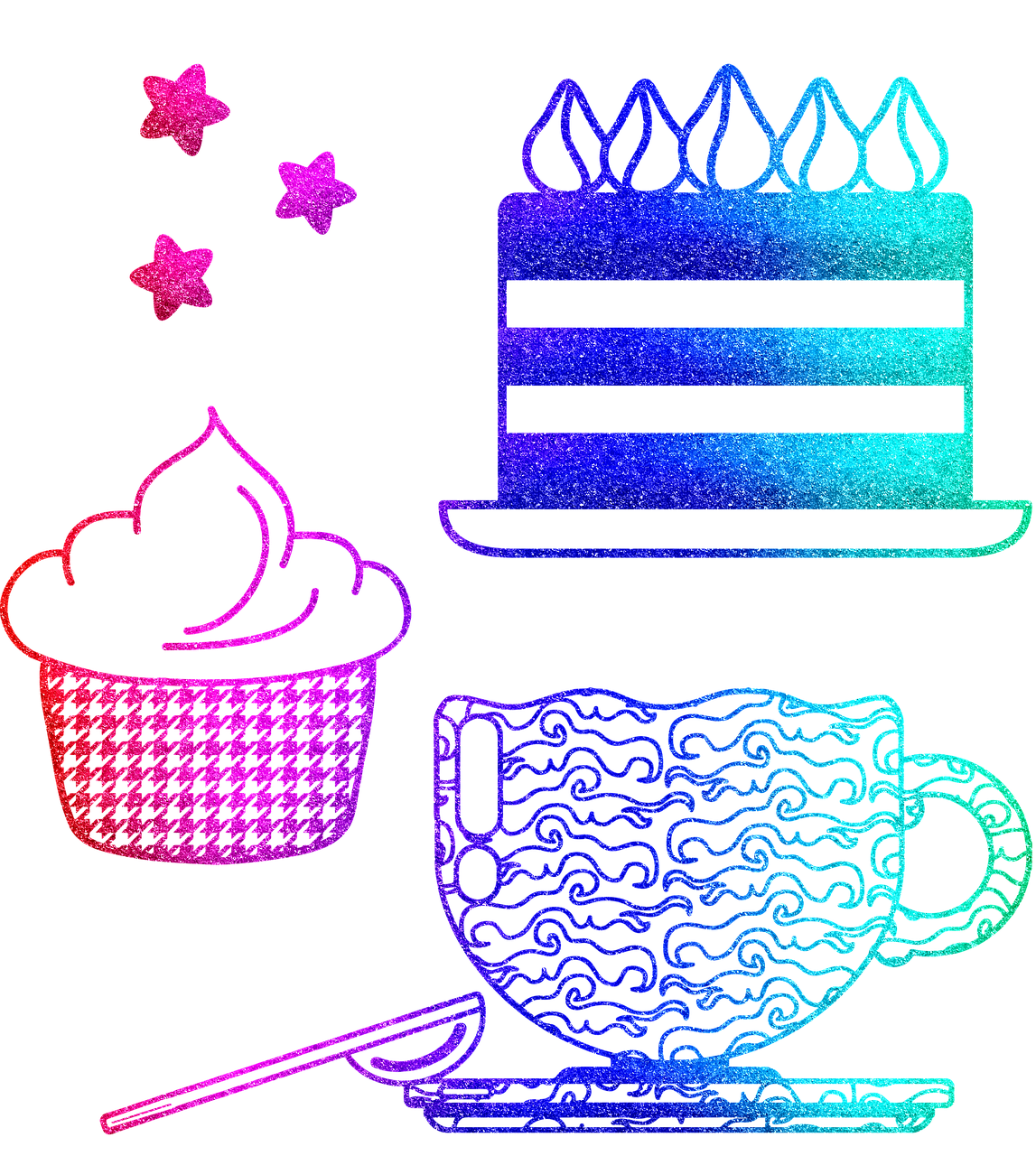 a piece of cake sitting on top of a plate next to a cup of coffee, a pastel, pixel art, uv blacklight, black background!!!!!, glitter background, birthday