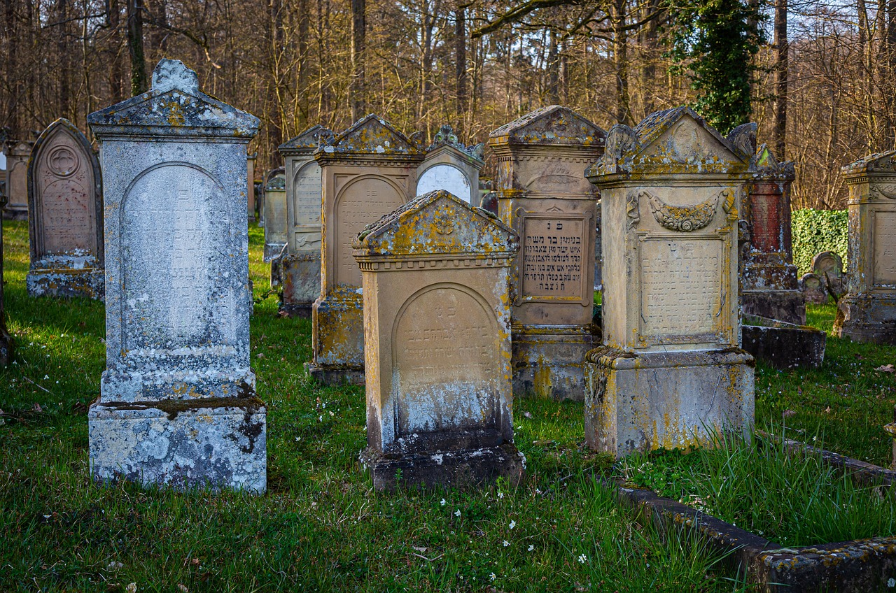 a group of tombstones sitting on top of a lush green field, by Richard Carline, fotografia, dressed in a worn, old