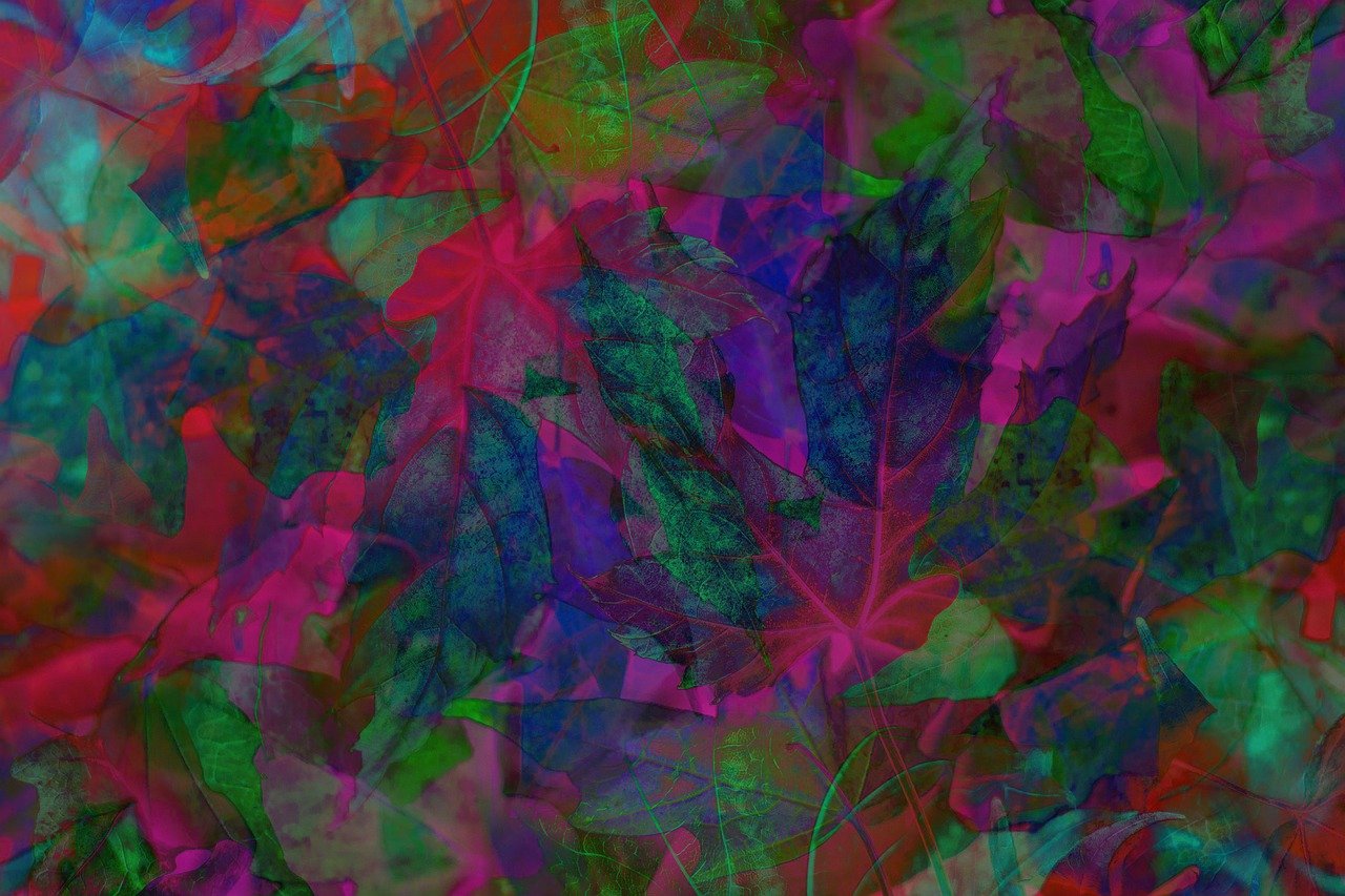 a close up of a bunch of leaves, a digital painting, inspired by Charles Ricketts, generative art, amazing colorful background, diaphanous iridescent cloth, canadian maple leaves, rich deep vibrant colors
