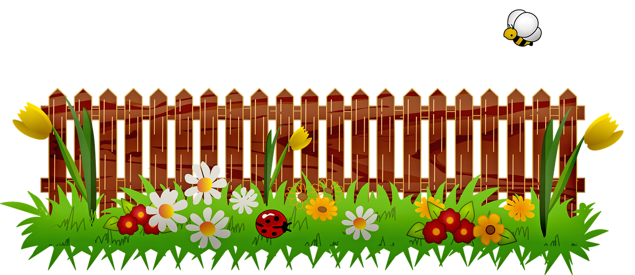 a garden with a fence, flowers and a bee, black flat background, wooden, grassy, background image