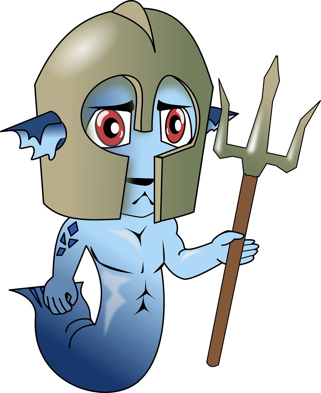 a cartoon character wearing a helmet and holding a spear, inspired by Pinchus Kremegne, deviantart, deep sea horror, pale blue skin, aquarius, gargoyle