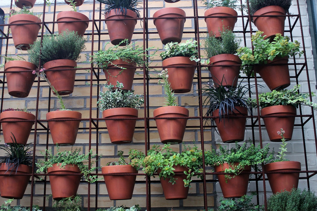 a wall filled with lots of potted plants, a photo, by Hendrik Gerritsz Pot, environmental art, red bricks, grid arrangement, hq ”