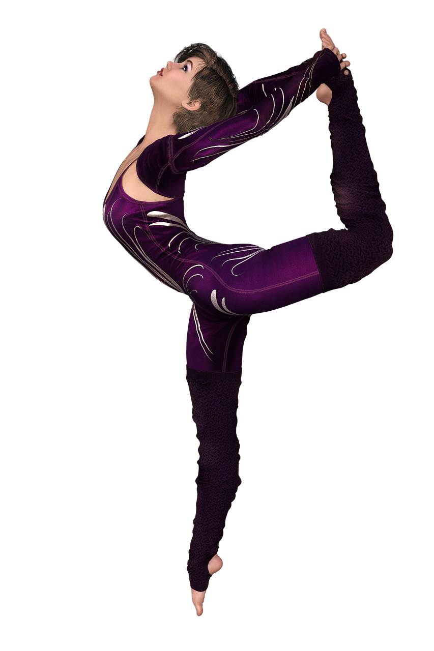 a woman in a purple leoper leoper leoper leoper leoper leoper leoper leoper leoper leoper leoper leo, a digital rendering, inspired by Elizabeth Polunin, arabesque, lycra costume, yoga pose, phoenix-inspired, airbrush render