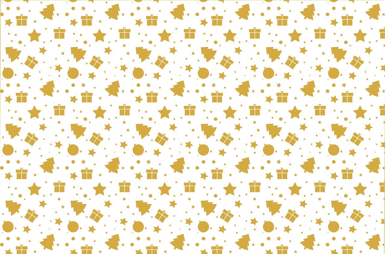 a pattern of presents and stars on a white background, a picture, by Shinji Aramaki, white and gold color scheme, uniform background, trees and stars background, damask patern