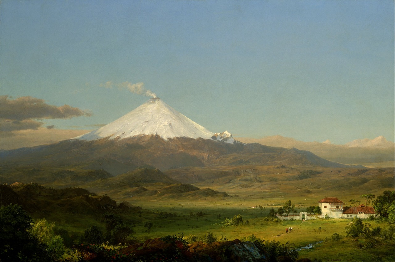 a painting of a mountain with a house in the foreground, by Frederic Church, flickr, neo - andean architecture, volcano in the background, vereshchagin, kramskoi 4 k