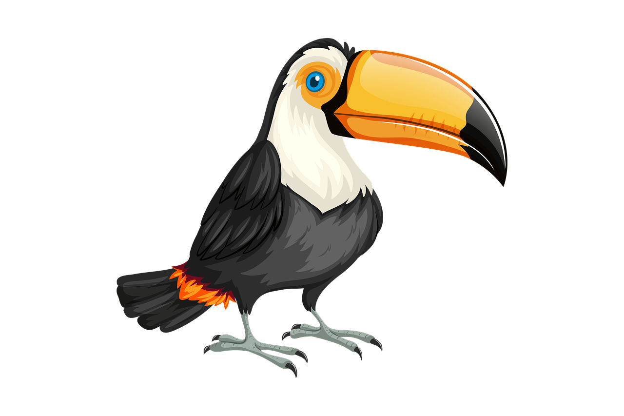 a black and white bird with a yellow beak, figuration libre, sharp high detail illustration, 6 toucan beaks, standing with a black background, cartoon style illustration
