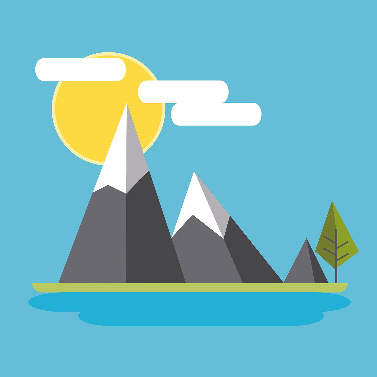 a picture of a mountain with a sun in the background, vector art, minimalism, parks and lakes, flat grey background, sunbathing. illustration
