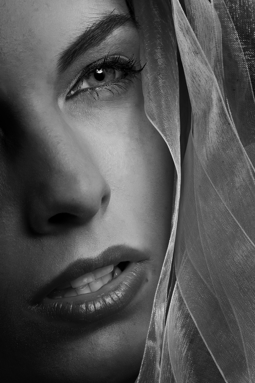 a black and white photo of a woman wearing a veil, inspired by Peter Basch, featured on cgsociety, fine art, hyperrealism. fantasy 4k, closeup 4k, stylized portrait h 1280, portrait of a beautiful woman