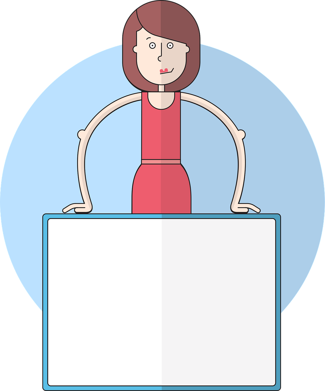 a woman in a red dress holding a sign, a cartoon, by Andrei Kolkoutine, pixabay, trapped on a hedonic treadmill, very minimal vector art, on a stage, round