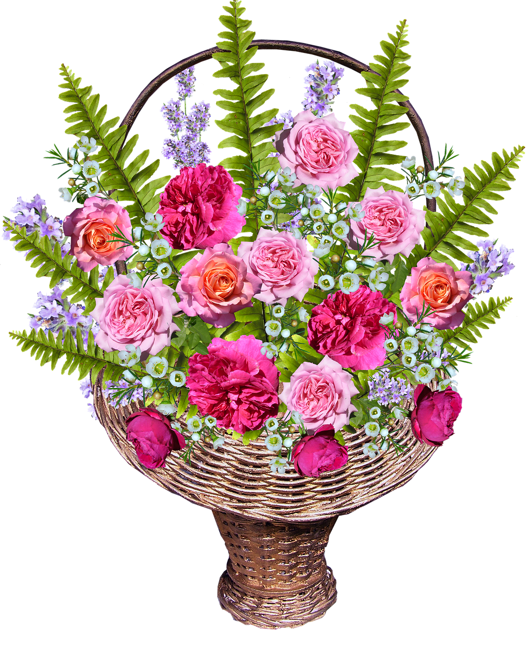 a basket filled with pink and red flowers, a digital rendering, by Unkoku Togan, shutterstock, 😃😀😄☺🙃😉😗, roses and lush fern flowers, i dream of a vase flowers, carnation