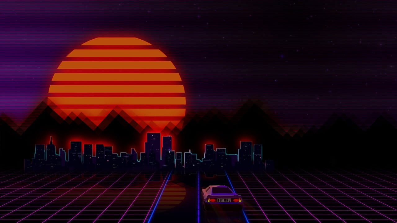 a car driving down a road in front of a sunset, cyberpunk art, tumblr, 80s outrun, texture city at night, retro game 1 9 8 0 style, deeper into the metaverse we go
