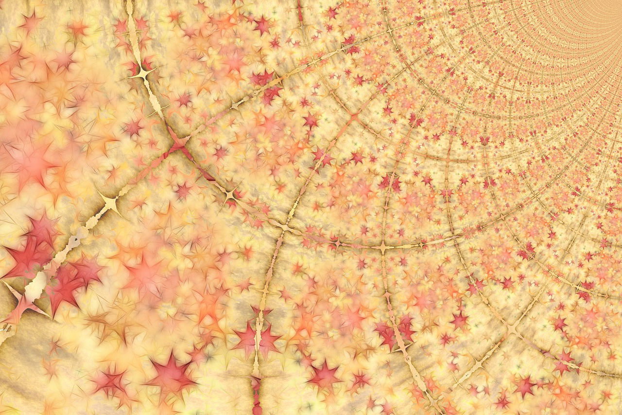 a painting of red and yellow stars on a beige background, digital art, inspired by Benoit B. Mandelbrot, fractal flame. highly_detailded, inside a dome, pink yellow flowers, shards and fractal of infinity