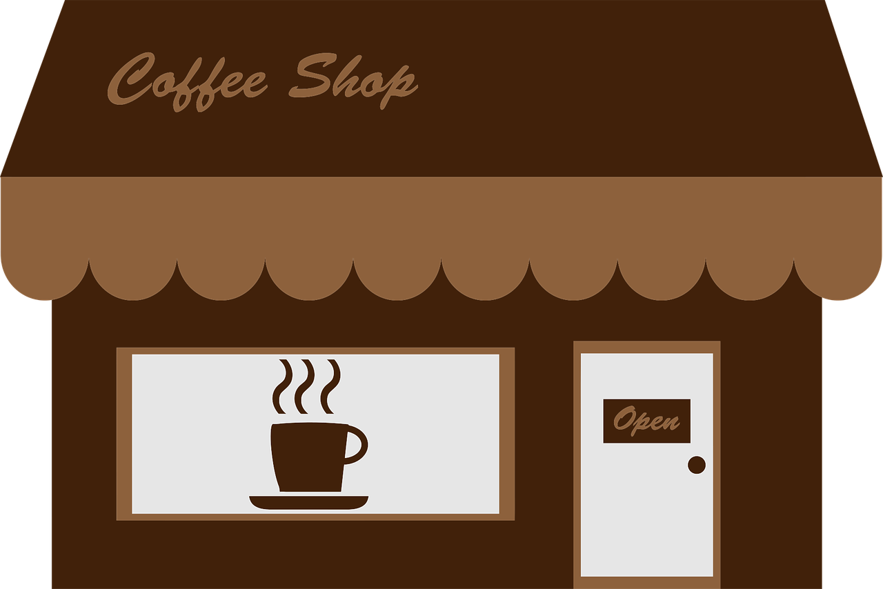a coffee shop with a cup of coffee in front of it, brown color, simple illustration, exiting store, high res photo