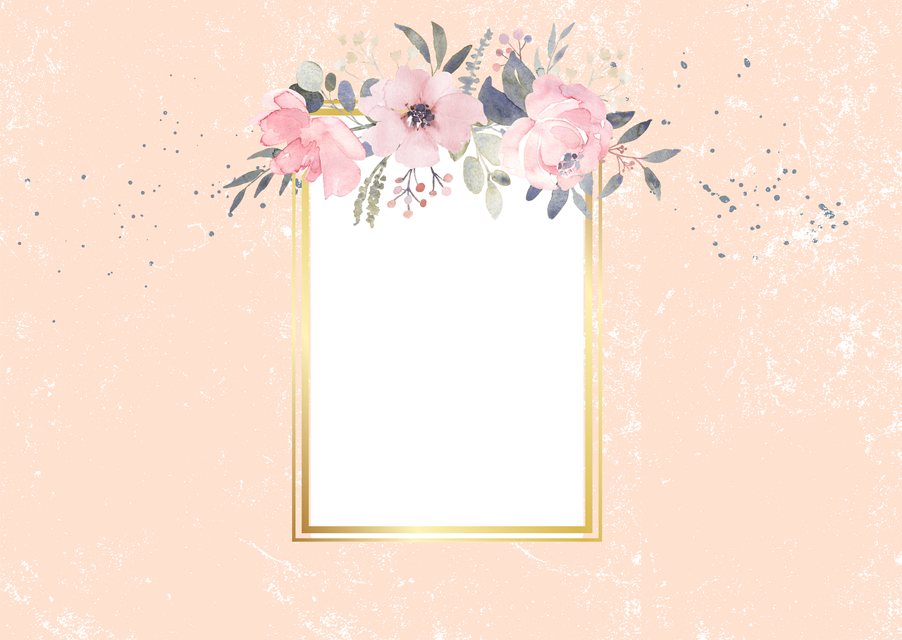 a gold frame with pink flowers on a pink background, shutterstock, card back template, pink and grey muted colors, with flowers and plants, on a pale background