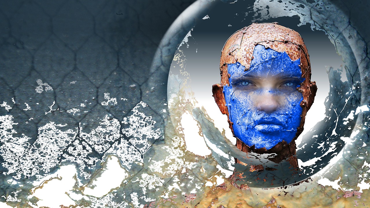 a close up of a person with a blue face, inspired by Igor Morski, “ femme on a galactic shore, destroyed planet, photoshop water art, style of the fifth element