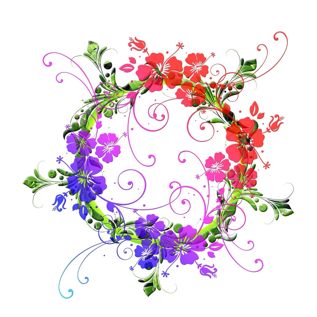 a wreath of flowers on a white background, a digital rendering, flickr, red and purple, scrollwork, four seasons, colorfully background